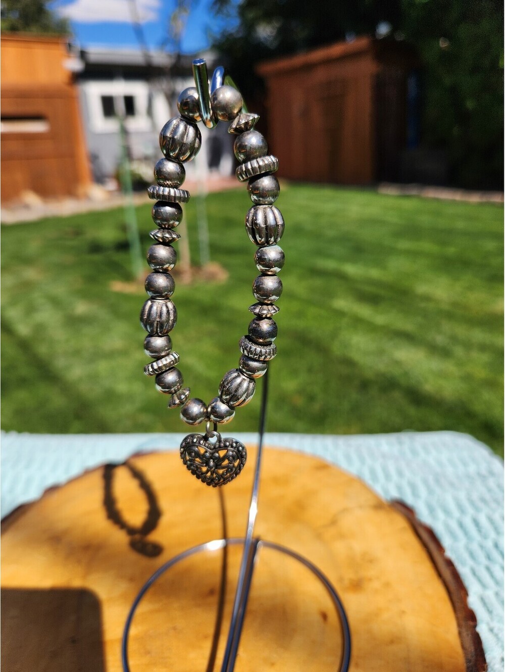 Vintage Silver Tone Beaded Heart Charm Bracelet
